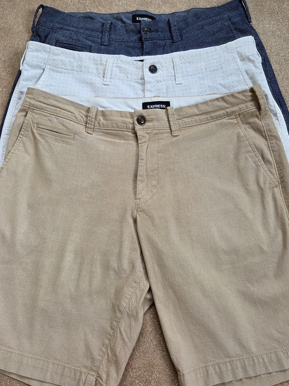 Express Men’s Chino Shorts in Tan, White & Navy - 3-Pack